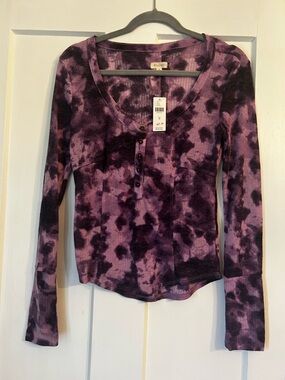Pilcro Purple Tie-Dye Ribbed Henley Top - Dark Purple & Lavender